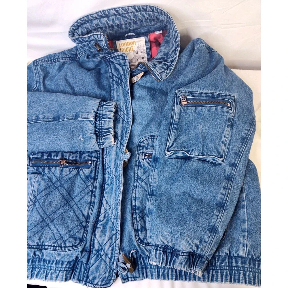 Vtg London Towne Mens Jean Denim Barn Chore Blanket Lined Jacket Sz L Toggle Zip